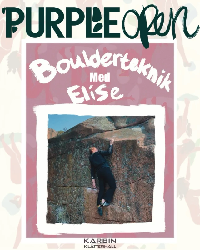 Boulderteknik-workshop med Elise på Purple open 2024, 14e juni💜  Jag heter Elise Mannerstråle, är 20 år och har klättrat sedan jag var nio. Under åren har jag samlat på mig mycket erfarenhet – både inomhus och utomhus, i lead och bouldering, i träning och tävling. Klättring är inte bara en hobby för mig, utan en passion och livsstil. Under en period satsade jag mot en proffskarriär och var med i juniorlandslaget, vilket har format min syn på träning och utveckling.
I den här workshopen vill jag dela med mig av konkreta tips och små tricks som hjälpt mig i min egen resa. Vi fokuserar på fotteknik på slab, men tar också upp användbara knep för överhäng. Jag hoppas att vi tillsammans får en inspirerande, lärorik och rolig stund där ni utvecklas som klättrare.  —————————————————————————  Bouldering Technique-Workshop with Elise at Purple open 2025, 14th of june💜  My name is Elise Mannerstråle, I’m 20 years old and have been climbing since I was nine. Over the years, I’ve gained a lot of experience—indoors and outdoors, in lead and bouldering, through both training and competitions. Climbing isn’t just a hobby for me; it’s a deep passion and way of life. For a while, I aimed to go pro and was part of the Swedish junior national team, which shaped how I approach training and progress.
In this workshop, I want to share some practical tips and small tricks that have helped me on my own journey. We’ll focus on footwork on slabs, but I’ll also share useful techniques for overhangs. My hope is that we’ll create a fun, inspiring, and educational session where you get to climb, learn something new, and enjoy the process.  #bouldering #boulderingtechnique #climblikeagirl #purpleopen #climbing  #womenclimb