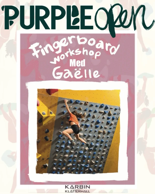 Fingerboard workshop med Gaëlle på Purple open 2025, 14e juni!💜  Vill du ha starkare fingrar? Eller undvika fingerskador?
Kom och lär dig grunderna i att träna på en hangboard och ta din klättring till nästa nivå!
Jag heter Gaëlle, kommer från Frankrike och började klättra för tio år sedan.
Jag gillar att klättra på krimpar, små grepp och att ta i ordentligt. Just nu arbetar jag som klätterinstruktör och älskar att dela med mig av min passion för klättring.  —————————————————————————-
Fingerboard workshop with Gaëlle at Purple open 2025, 14th of june!💜  Want stronger fingers? Or to avoid finger injuries?
Come learn the basics of hangboard training and take your climbing to the next level!
My name is Gaëlle, I’m from France, and I started climbing ten years ago.
I love climbing on crimps, small holds, and giving it my all.
Right now, I work as a climbing instructor and love sharing my passion for climbing.  #climbing #girlsclimb #bouldering #climblikeagirl #purpleopen #hangboard